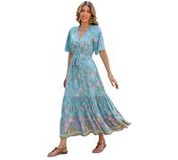 R.Vivimos Vestido De Manga Corta con Botones De Cuello V De Verano Femenino Vestido De Playa Plisada En Forma De a con Flores Bohemias Vestido(L,AquaBlue)