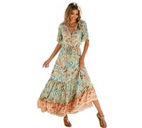 R.Vivimos Vestido De Manga Corta con Botones De Cuello V De Verano Femenino Vestido De Playa Plisada En Forma De a con Flores Bohemias Vestido(M,Aqua-Floral)