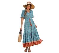 R.Vivimos Vestido De Manga Corta con Botones De Cuello V De Verano Femenino Vestido De Playa Plisada En Forma De a con Flores Bohemias Vestido(XL,Teal-Floral)