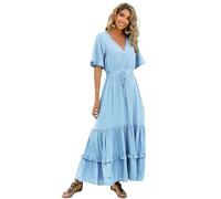 R.Vivimos Vestido De Manga Corta con Botones De Cuello V De Verano Femenino Vestido De Playa Plisada En Forma De a con Flores Bohemias Vestido(M,Skyblue)