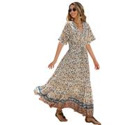 R.Vivimos Vestido De Manga Corta con Botones De Cuello V De Verano Femenino Vestido De Playa Plisada En Forma De a con Flores Bohemias Vestido(M,Beige-Floral)