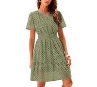 R.Vivimos Vestido Mujer Verano Algodón Mini Cuello V Manga Corta Cintura Elástica A Línea Hollow out Vestido Casual(M,Armygreen)