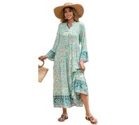 R.Vivimos Vestido Mujeres V Cuello Verano Midi Manga Larga Boho Floral de Playa Vestido de Vacaciones(XL,BlueTurquoise)
