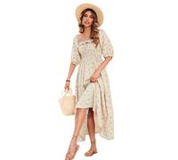 R.Vivimos Vestidos Midi De Media Manga con Flores De Cuello Cuadrado Femenino Vestidos Largos Cottagcore(XL,Beige#1-Floral)