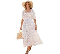 R.Vivimos Vestidos Midi De Media Manga con Flores De Cuello Cuadrado Femenino Vestidos Largos Cottagcore(S,White#1-Floral)