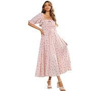 R.Vivimos Vestidos Midi De Media Manga con Flores De Cuello Cuadrado Femenino Vestidos Largos Cottagcore(XL,Pink#2-Floral)