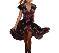 R.Vivimos Women's Boho Floral Print Deep V Neck Beach Style Long Maxi Dress Button Down Dress(Medium)