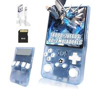 R36MAX Consola de Juegos Portátil Retro Consola portatil,18000+ Juegos,40+ Emuladores,4000mAh,Pantalla IPS de 4″ Consola Retro portatil,Sistema Linux de código Abierto (Azul transparente-64G)