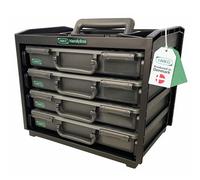 raaco HandyBox, Capacidad de 25 kg, Caja Organizadora Resistente para Taller, con 4 Cajas para Tornillos y Pequeñas Piezas, Almacenamiento Seguro, Caja Tornillos Organizador 26,5 x 37,6 x 31 cm