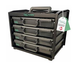 raaco HandyBox, Capacidad de 25 kg, Caja Organizadora Resistente para Taller, con 4 Cajas para Tornillos y Pequeñas Piezas, Almacenamiento Seguro, Caja Tornillos Organizador 26,5 x 37,6 x 31 cm