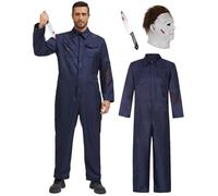 RAAIBB Adults Horror Killer Costume with Blood Mask Knife Scary Halloween Coverall Jumpsuit for Horror Props Cosplay RA002S