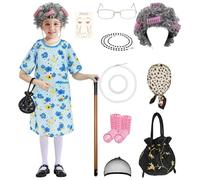 RAAIBB Disfraz de anciana para niña para 100 días de escuela, vestido de flores azules, accesorios completos, talla M (6-7 años)