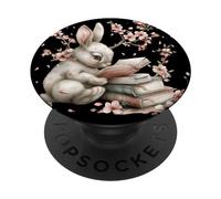 Rabbit Reading Books For Bunny Mom Cherry Blossom Flowers PopSockets PopGrip Adhesivo