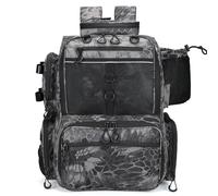 Rabjen Mochila de aparejos de pesca con soportes para caña, soporte para botellas, bolsa de almacenamiento para equipo de pesca, Camuflaje Negro, Viajes