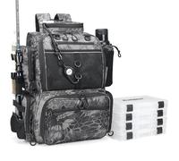 Rabjen Mochila de aparejos de pesca con soportes para caña y 4 cajas de aparejos, soporte para botellas, bolsa de almacenamiento de 40 litros para almacenar equipo de pesca