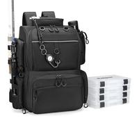 Rabjen Mochila de aparejos de pesca con soportes para caña y 4 cajas de aparejos, soporte para botellas, bolsa de almacenamiento de 40 litros para almacenar equipo de pesca