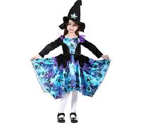 Rabtero Ropa de bruja de Halloween infantil, vestido de bruja con sombrero azul brillante, vestido de bruja de Halloween para niñas de 3-4 años