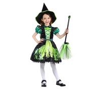 Rabtero Ropa de bruja de Halloween infantil, vestido de bruja verde de lujo con sombrero, Halloween Bruja Vestido de gala Especial para niñas 9-10 años
