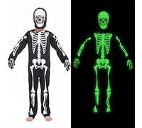 Rabtero Ropa de esqueleto infantil, vestido de esqueleto de halloween, mono de esqueleto blanco, mascarilla de sombrero de viento y guantes, brillando en la oscuridad Especial para niños 3-5 años