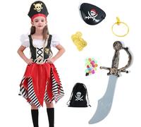 Rabtero Ropa de pirata infantil, vestido de princesa pirata de lujo para niñas con 7 accesorios, juego de rol pirata para niños de 5-6 años