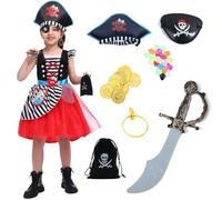 Rabtero Ropa de pirata infantil, vestidos de princesa pirata de lujo actualizados para niñas, 7 accesorios pirata, para niños de 8-10 años