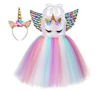 Rabtero Ropa de unicornio infantil, vestido de lujo princesa unicornio infantil, falda corta de ballet unicornio rosa, cinturón de cabeza y alas de niña 6-7 años