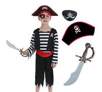 Rabtero Trajes de piratas infantiles, trajes de piratas infantiles con sombreros de piratas, vendajes para los ojos, sombreros de piratas infantiles de 5-6 años