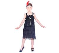 Rabtero Trajes infantiles de Gatsby de la década de 1920, vestidos abiertos de gángster de niñas, collares de perlas y cintas de plumas, negros, tamaño mediano 6-8