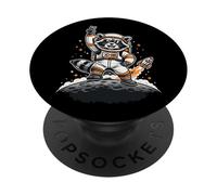 Raccoon Astronaut On The Moon with Rocket Retro Space Iconic PopSockets PopGrip Adhesivo