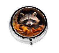 Raccoon in The Fall Tree Hole - Pastillero redondo de metal ecológico con 3 compartimentos para el hogar, oficina, viajes, medicina