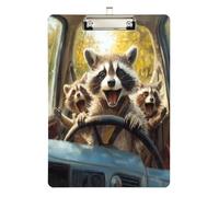 Raccoon is Driving - Portapapeles acrílico para enfermeras y oficina, tablero de clip de plástico con clip de perfil bajo, gancho para colgar, tablero de escritura de PVC transparente, color plateado