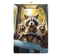 Raccoon is Driving - Portapapeles acrílico para enfermeras y oficina, tablero de clip de plástico con clip de perfil bajo, gancho para colgar, tablero de escritura de PVC transparente, dorado, 12.5 x