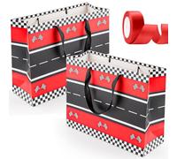 Race Car Bolsas Cumpleaños, 2 Piezas Bolsas Negro y Rojo de Regalo Cumpleaños Grande para Regalos Embalaje con Cinta