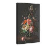 Rachel Ruysch - Lienzo decorativo para mesa de mármol y naturaleza muerta con flores sobre un mármol, impresión moderna para dormitorio, marco de 40,6 x 61 cm
