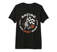 Racing Spooky Season - Conductor de Esqueleto con Bandera a Cuadros Camiseta Premium