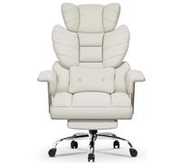 Racingreat Silla de Escritorio ergonómica con reposapiés Extensible,Silla de Oficina Ajustable en Altura,Respaldo Blando Grande,Apoyo Lumbar Individual,Silla de Oficina en Cuero de PU,Blanco