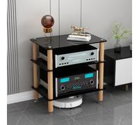 Rack de audio de madera con cristal templado para equipos estéreo y AV | Estantes de cristal templado, pilares madera maciza, picos amortiguadores de vibración(Black,3-Tier H 66cm/26.0in)