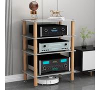 Rack de audio de madera con cristal templado para equipos estéreo y AV | Estantes de cristal templado, pilares madera maciza, picos amortiguadores de vibración(White,4-Tier H 87cm/34.3in)