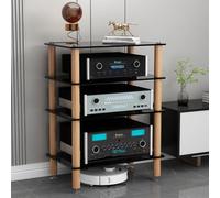 Rack de audio de madera con cristal templado para equipos estéreo y AV | Estantes de cristal templado, pilares madera maciza, picos amortiguadores de vibración(Black,4-Tier H 87cm/34.3in)