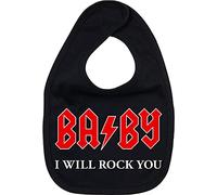 Racker-n-Roll Babero con texto "Baby I Will Rock You", color negro