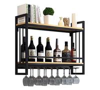 Racks vintage de 2 niveles con botella o soporte de vidrio, copas de metal montada en la pared industrial estante de vástago, estantes flotantes de madera, estante para la exhibición de decoración de