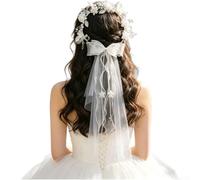 Rackumic Corona floral hecha a mano para mujer con lazo de perlas blancas, elegante accesorio para el pelo de novia para bodas y eventos de princesa, guirnalda de encaje ajustable en varios tamaños (E