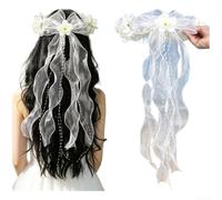 Rackumic Corona floral hecha a mano para mujer con lazo de perlas blancas, elegante accesorio para el pelo de novia para bodas y eventos de princesa, guirnalda de encaje ajustable en varios tamaños (F