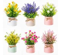 Rackumic Juego de 6 flores artificiales en maceta, plantas de plástico falsas de lavanda artificial y vegetación para decoración del hogar, centro de mesa, estantería y exposición en estante, oficina