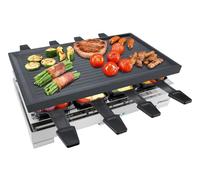 Raclette de hierro fundido Steba premium con una superficie de asado de aprox. 40 x 23,5 cm, 8 sartenes con revestimiento antiadherente para una limpieza fácil. RC 68.