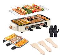 Raclette Grill 1500w, Plancha Eléctrica, Parrilla Interior Eléctrica De Tres Funciones, con Red para Parrilla, 2 Sartenes para Queso, 2 Espátulas De Madera, Guantes, Bandeja para Hornear, Control De