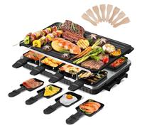 Raclette Grill 6 8 Personas 2 en 1 Parrilla Eléctrica de Sobremesa Revestimiento Antiadherente Placa Grill Reversible Parrilla Eléctrica Raclette sin Humo con 8 Mini Cacerolas y 8 Rascadores 1300W