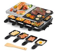 Raclette grill de mesa para 4 6 8 personas con placa grill eléctrica reversible de aluminioy placa de piedra natural - Incluye 8 sartenes para raclette (1300W)