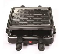Raclette Jocca: Plancha grill con placa extraíble antiadherente y extraíble junto a 4 sartenes individuales con revestimiento antiadherente y mango resistente al calor junto a 4 espátulas de madera.