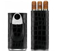 Racocou Estuche de viaje de cuero para 3 puros con cortador, estuche humidor portátil impermeable, regalo de cumpleaños de lujo para hombre, papá o esposo, accesorios para fumadores de puros,Negro